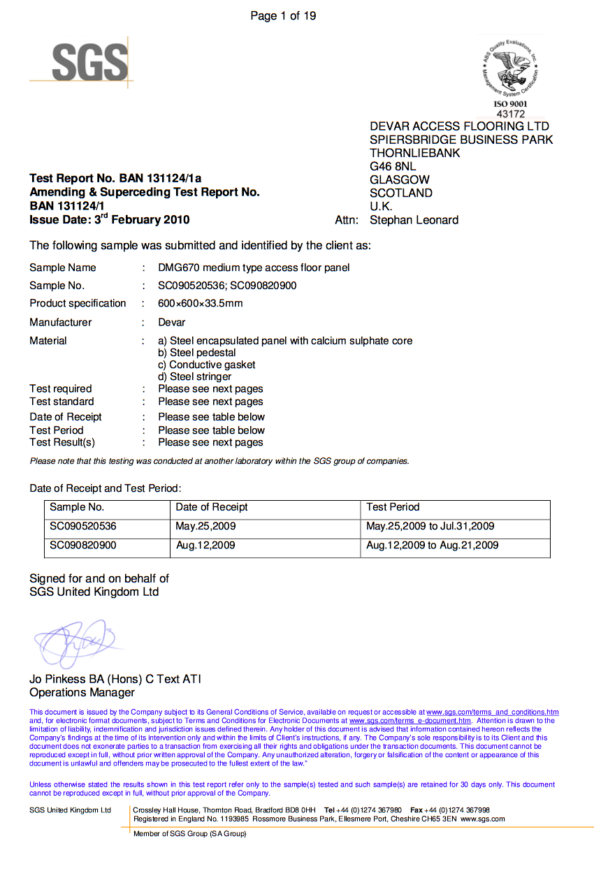 BTL Certificate for Devar DMG670 Raised Access Floor System