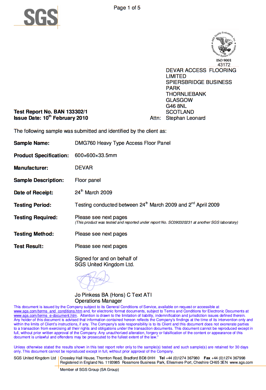 SGS-Certificate for Devar DMG760 Heavy Raised Access Floor Panel