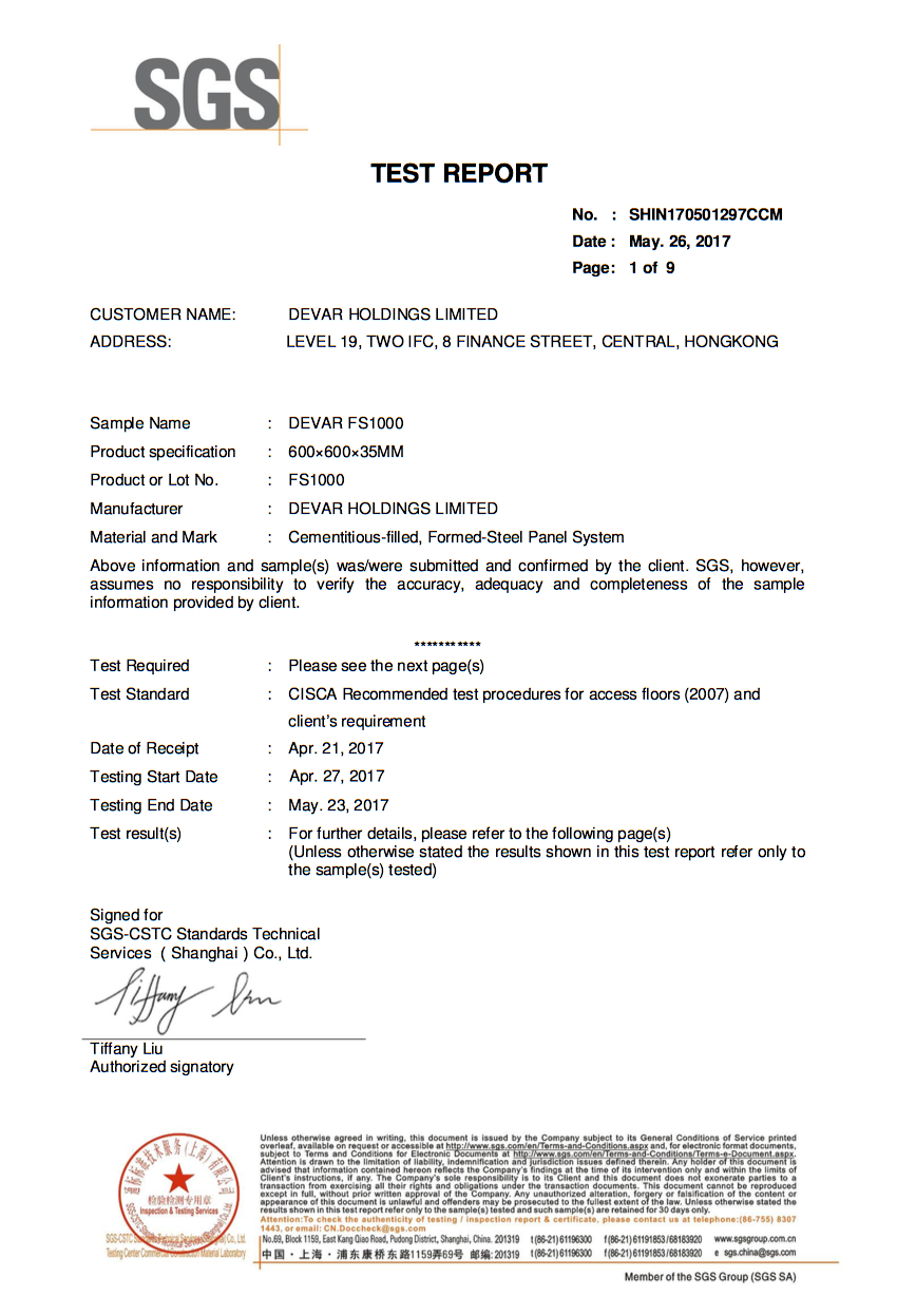 SGS Certificate for Devar FS1000 Raised Access Floor Panel