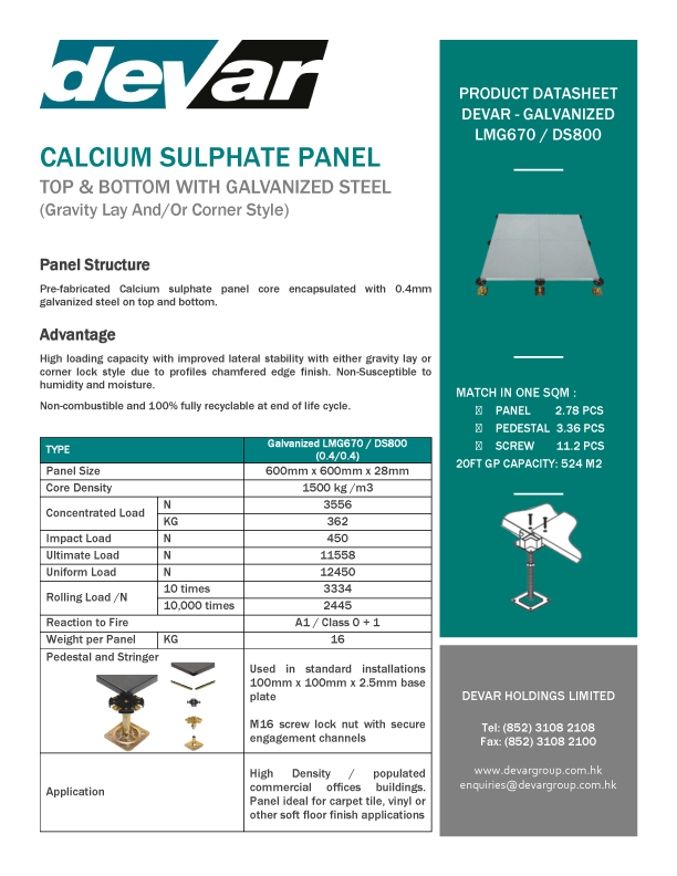 Devar Calcium Sulphate Raised Floor Galvanised Steel DS800 Data Sheet