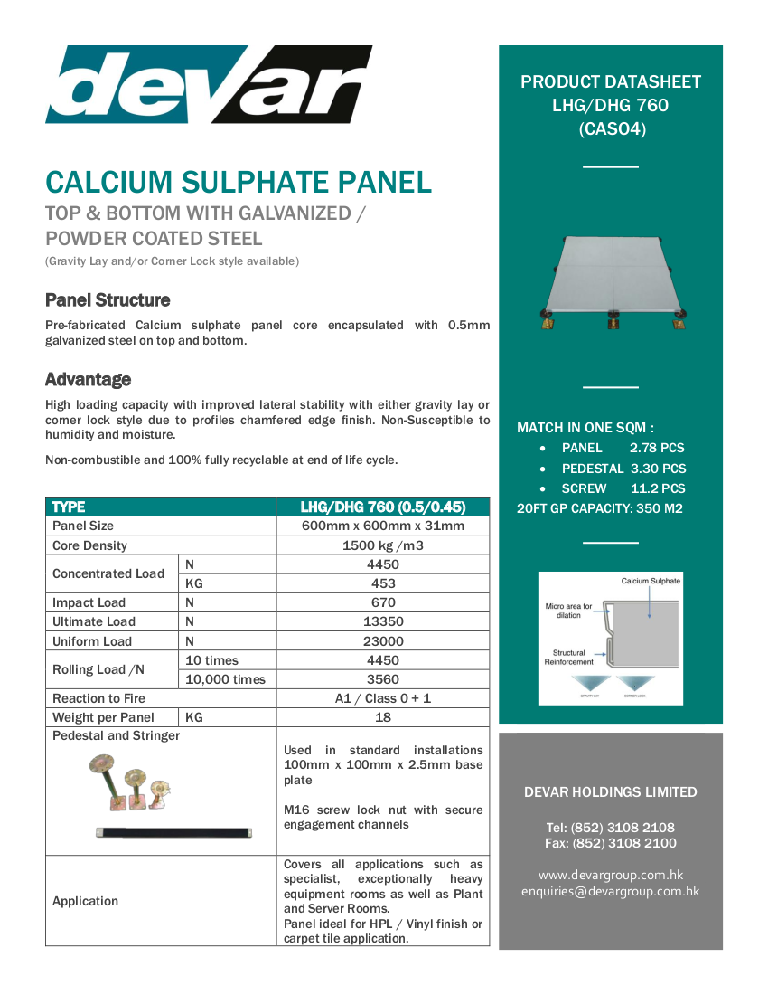 Devar Calcium Sulphate Raised Floor Galvanised Steel LHG760 / DHG760 Data Sheet