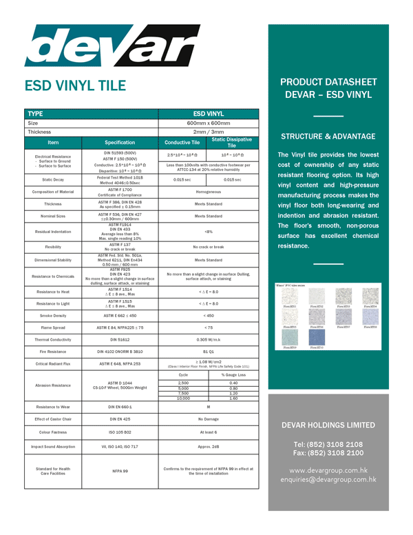 Devar ESD Vinyl Tile Data Sheet