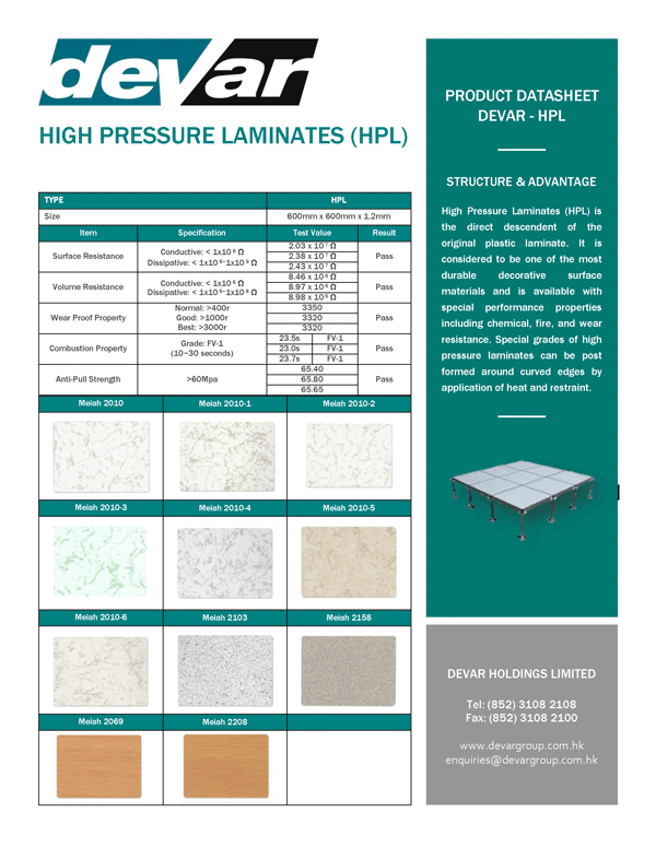Devar HPL High Pressure Laminates Data Sheet