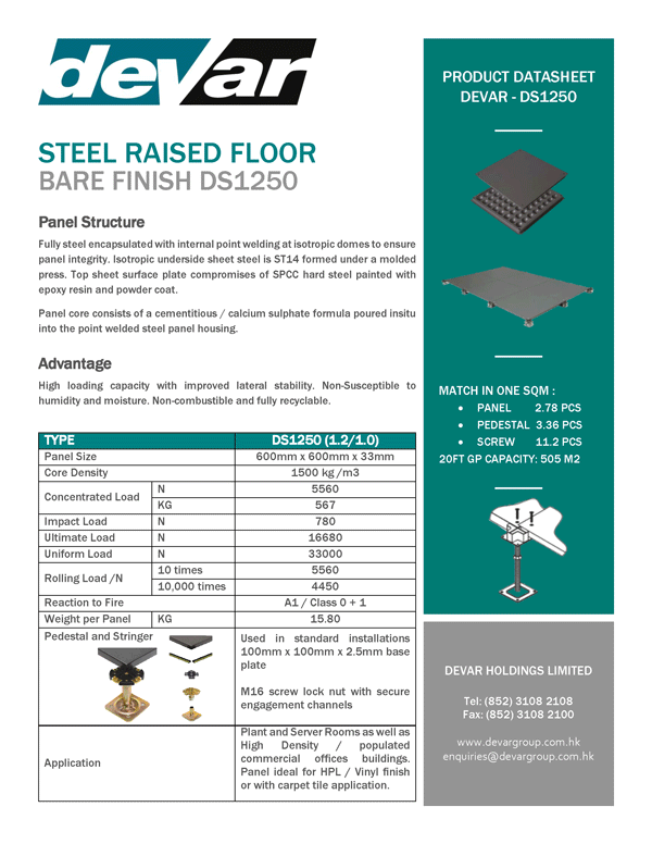 Devar Steel Raised Floor Bare Finish DS1250 Data Sheet