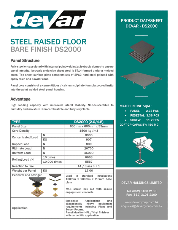 Devar Steel Raised Floor Bare Finish D2000 Data Sheet
