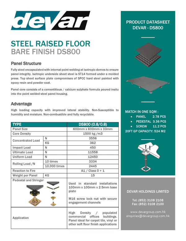 Devar Steel Raised Floor Bare Finish DS800 Data Sheet